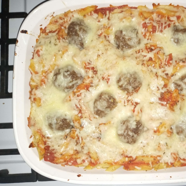 Easy Pasta Bake with Mostaccioli and Meatballs