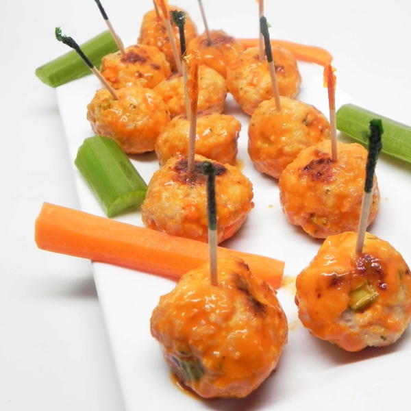 Feta-Stuffed Cocktail Buffalo Chicken Meatballs