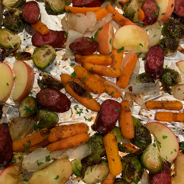 Sheet Pan Smoked Sausage, Apple, and Root Veggie Dinner
