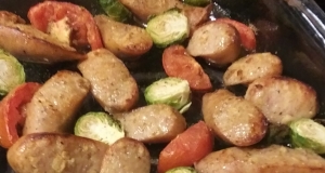 Sheet Pan Keto Chicken Sausage with Roasted Brussels Sprouts and Tomatoes