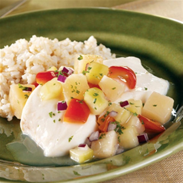 Poached Halibut with Chunky Pineapple Salsa
