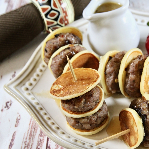 Mini Sausage Pancake Skewers with Spicy Syrup