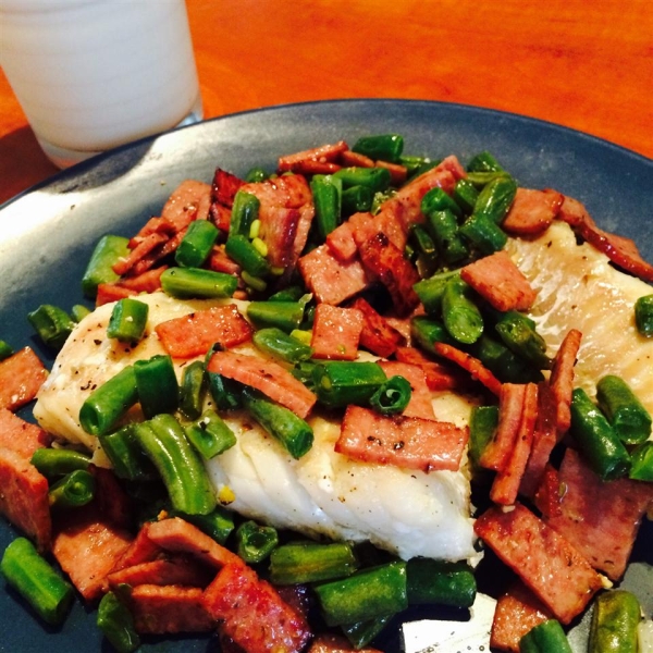 Seared Halibut with Bacon and Bean Relish