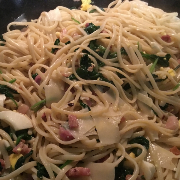 Spinach, Egg, and Pancetta with Linguine