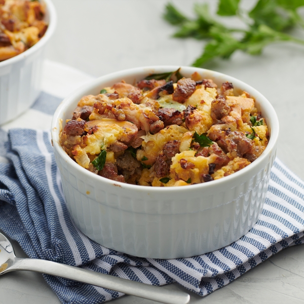 Biscuit Bread Pudding with Sausage and Mushroom Custard