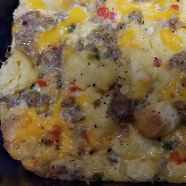 Biscuit Bread Pudding with Sausage and Mushroom Custard