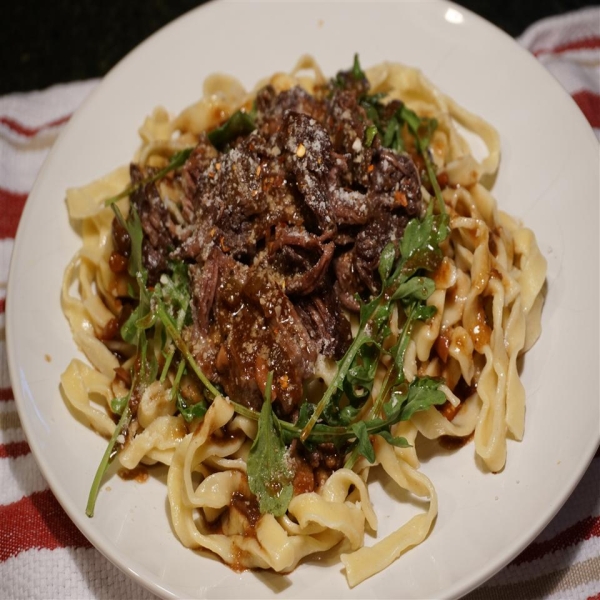 Pasta with Braised Beef and Baby Arugula