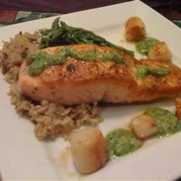 Pan Seared Salmon and Scallops with Macadamia-Cilantro Pesto