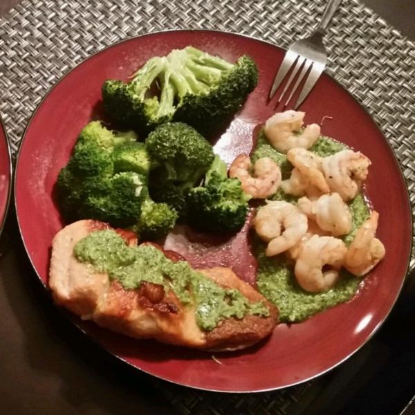 Pan Seared Salmon and Scallops with Macadamia-Cilantro Pesto