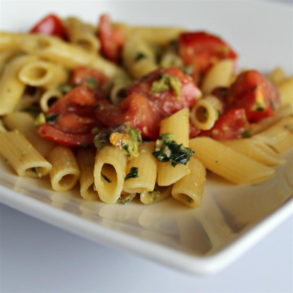 Gluten Free Penne with Pistachio Pesto and Heirloom Tomato Salad