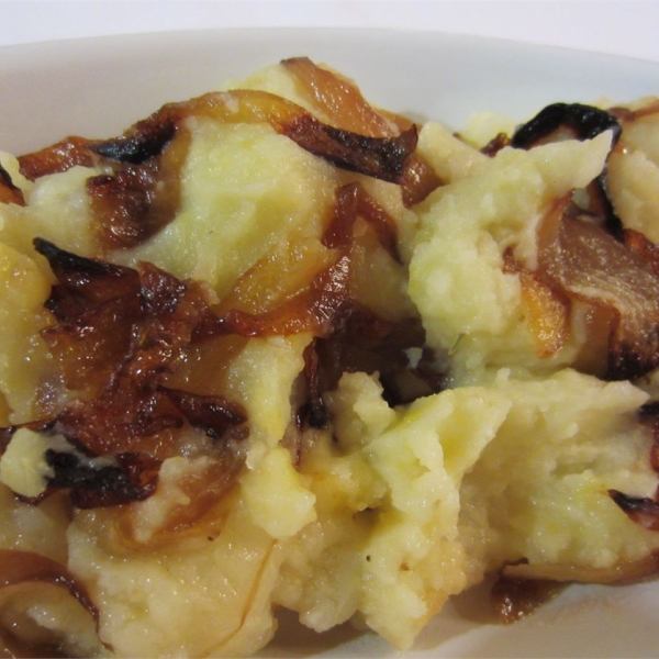 Mashed Potato, Rutabaga, And Parsnip Casserole With Caramelized Onions