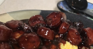 Raspberry Kielbasa over Cheese Grits