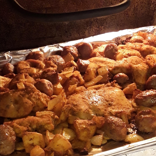 Sheet Pan Baked Seville Chicken, Sausage, and Vegetables