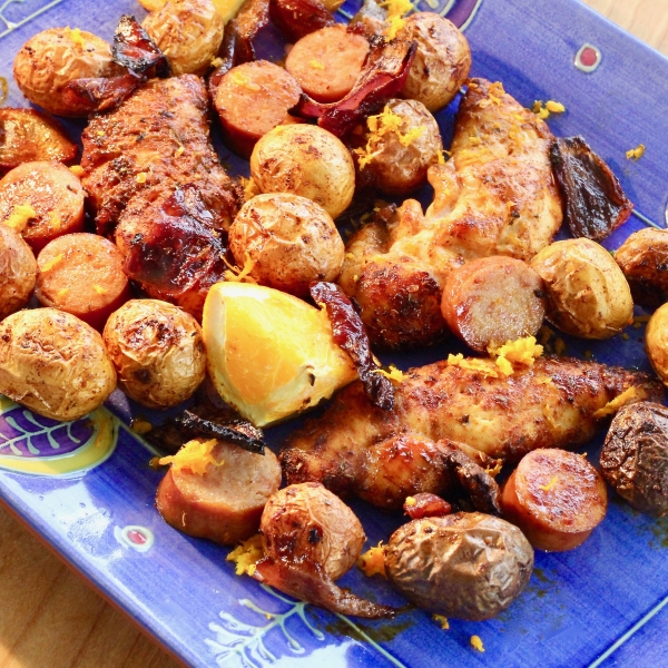 Sheet Pan Baked Seville Chicken, Sausage, and Vegetables