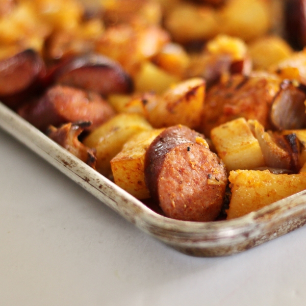 Sheet Pan Baked Seville Chicken, Sausage, and Vegetables