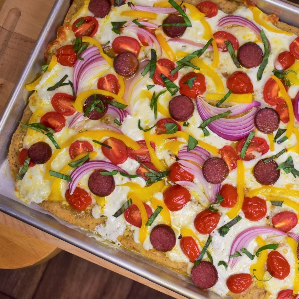 Sheet Pan Pizza with Hillshire Farm® Smoked Sausage & Burst Cherry Tomatoes