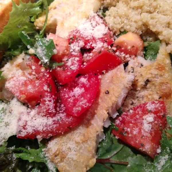 Parmesan Black Cod with Arugula and Tomato Topping