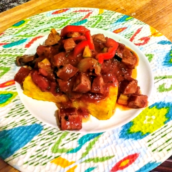 Polenta with Spicy Sausage-Veggie Sauce