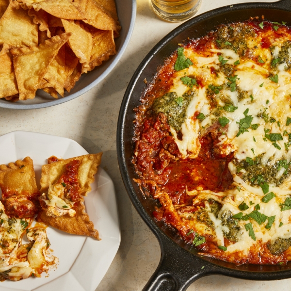 Skillet Lasagna Dip with Pasta Chips