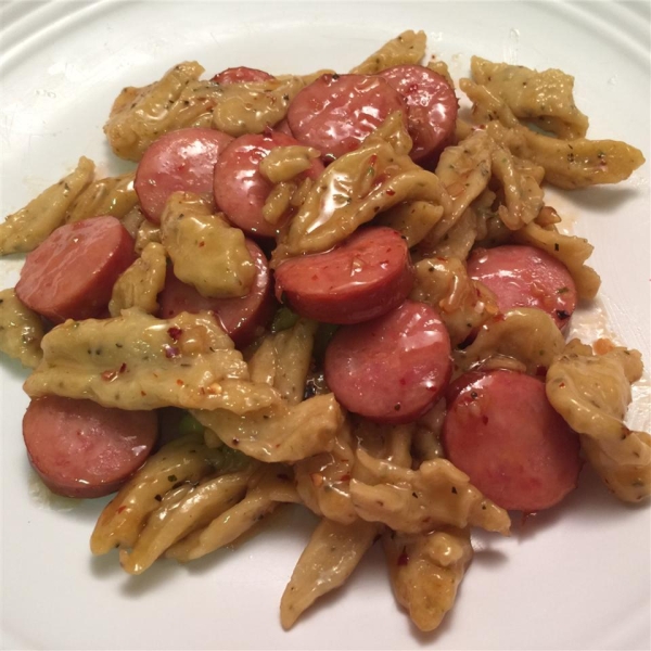 Sweet and Spicy Garlic Kielbasa with Sauteed Herb Spaetzle