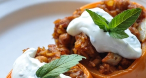 Vegetarian Butter Chicken Stuffed Peppers with Mint Yogurt