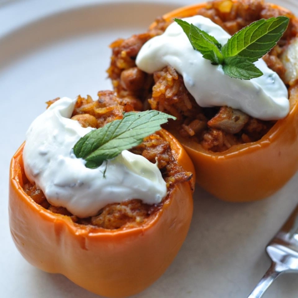 Vegetarian Butter Chicken Stuffed Peppers with Mint Yogurt
