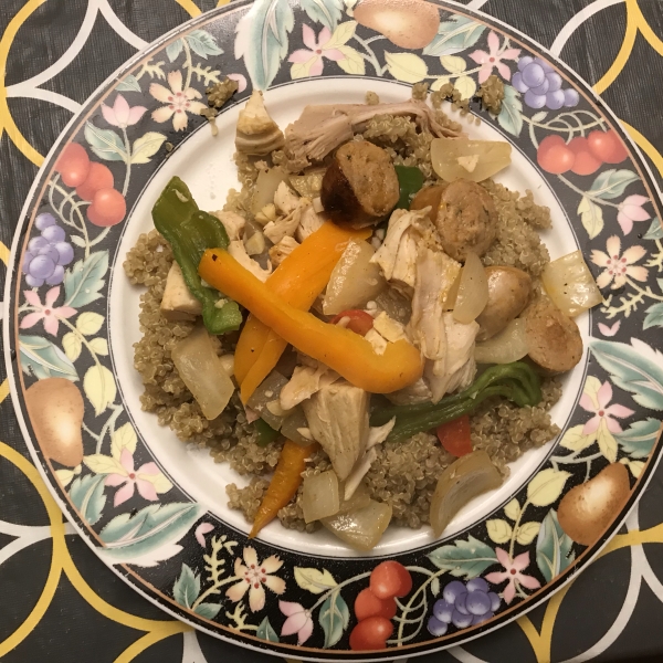 Chicken Chorizo on Quinoa with Peppers