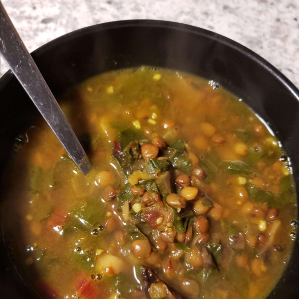 Fragrant Red Lentil and Rainbow Chard Soup