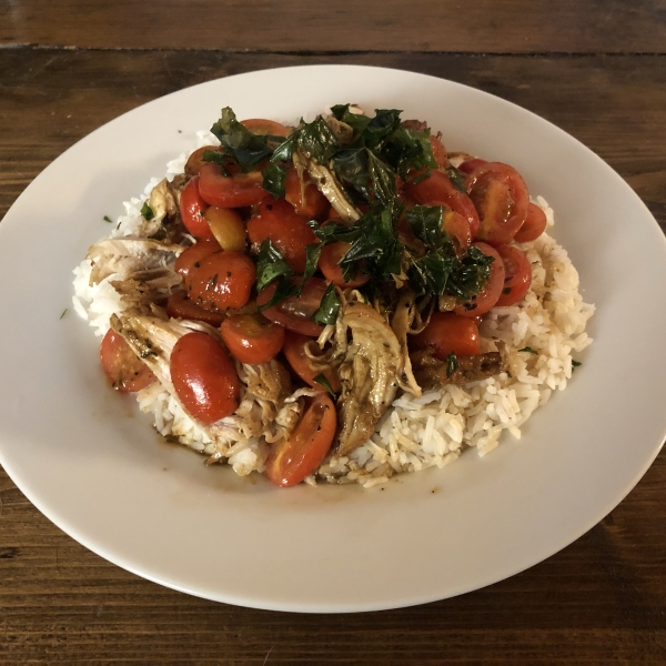 Chicken with Grape Tomatoes and Fried Basil