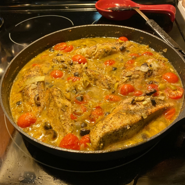 Chicken with Grape Tomatoes and Fried Basil