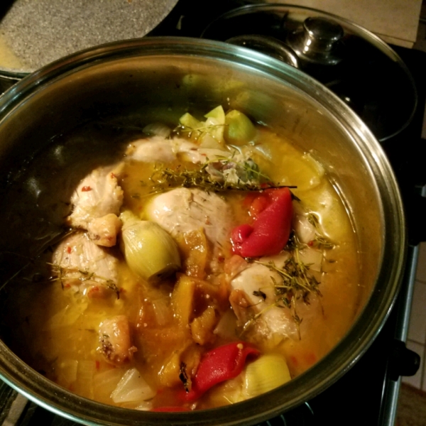 Braised Chicken and Artichoke Hearts with Lemon, Cherry Peppers and Thyme