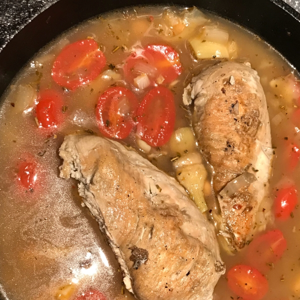 Braised Chicken and Artichoke Hearts with Lemon, Cherry Peppers and Thyme