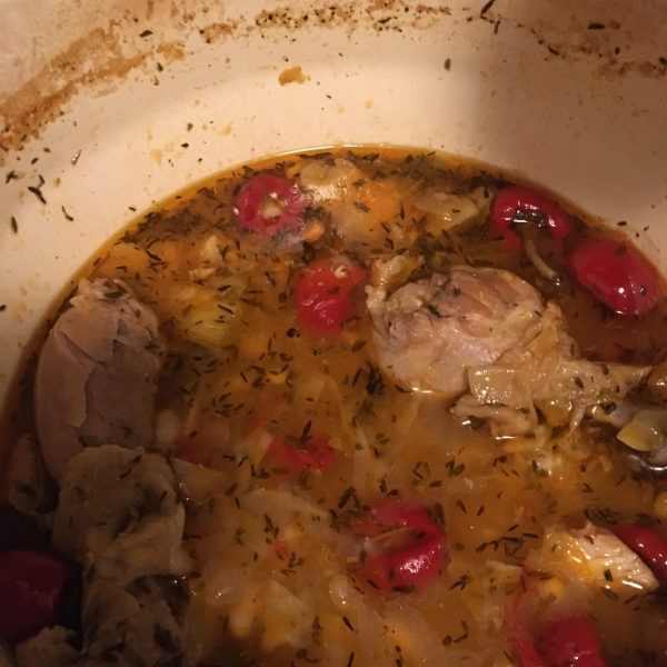 Braised Chicken and Artichoke Hearts with Lemon, Cherry Peppers and Thyme