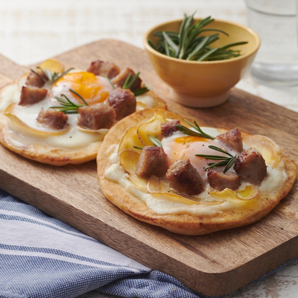 Breakfast Pizza with Sausage, Potato, and Cheese Sauce