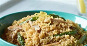 Quinoa with Asparagus, Shiitake, Mushrooms and Veggie Tenders
