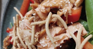 Grilled Salmon, Snap Peas and Spring Mix Salad with Chow Mein Noodles