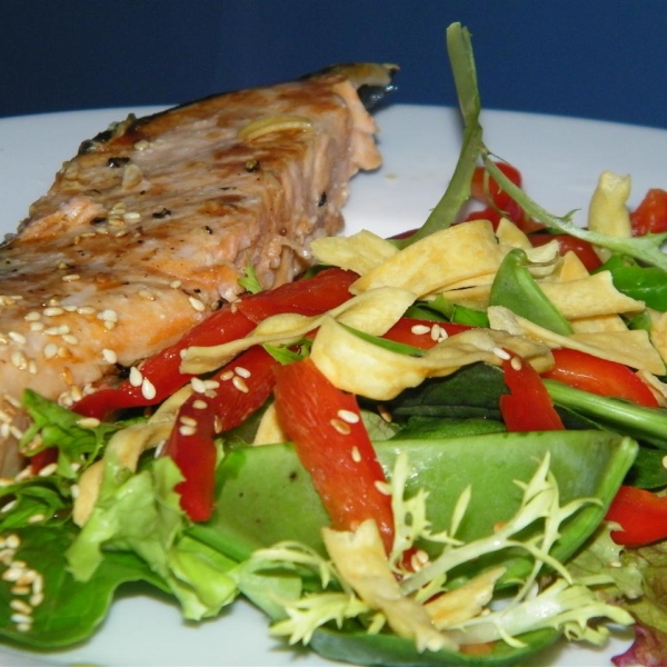 Grilled Salmon, Snap Peas and Spring Mix Salad with Chow Mein Noodles