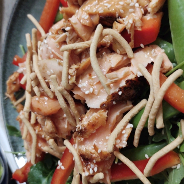 Grilled Salmon, Snap Peas and Spring Mix Salad with Chow Mein Noodles