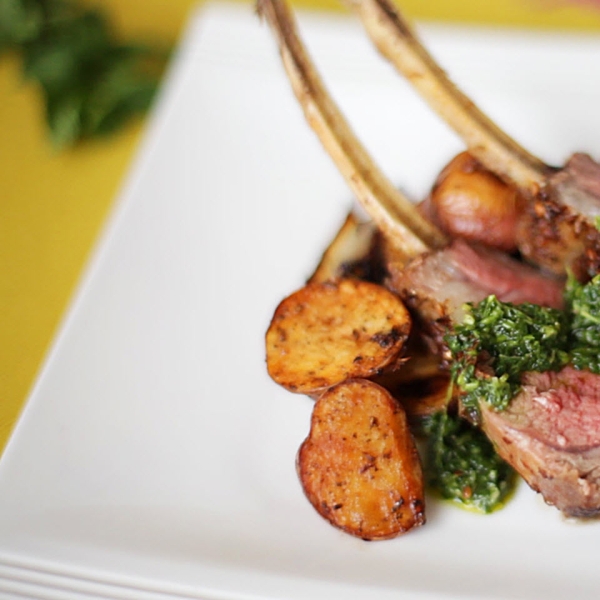 Spice-Crusted Roast Rack of Lamb with Cilantro-Mint Sauce