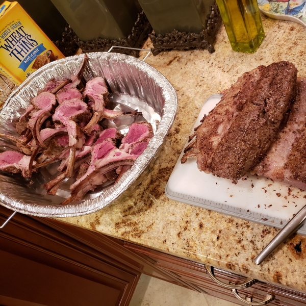 Spice-Crusted Roast Rack of Lamb with Cilantro-Mint Sauce