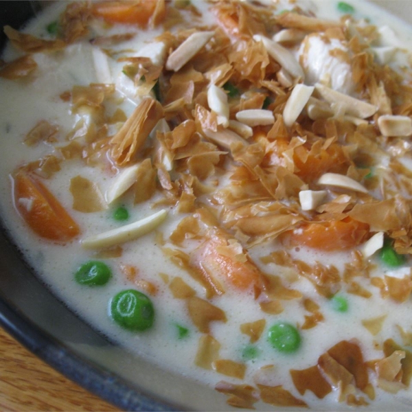 Chicken Pot Pie Soup with Toasted Almonds
