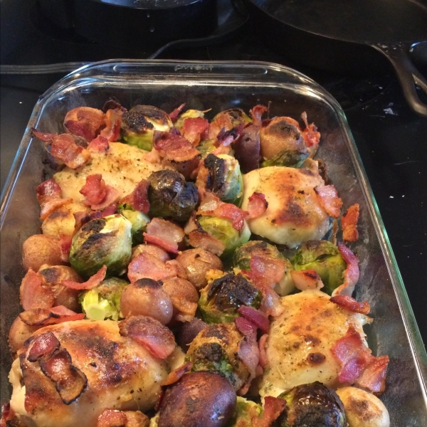 Ranch-Baked Chicken Thighs with Bacon, Brussels Sprouts, and Potatoes