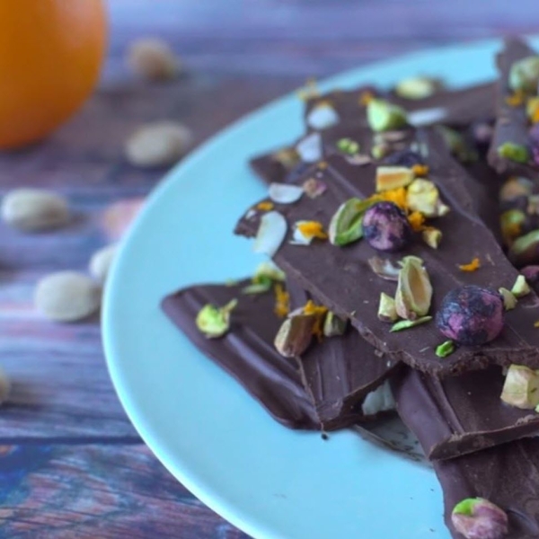 Blueberry, Coconut, and Pistachio Chocolate Bark