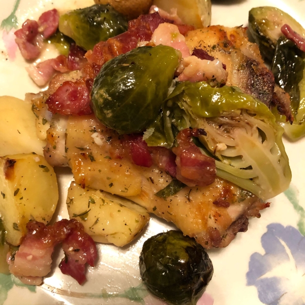 Ranch-Baked Chicken Thighs with Bacon, Brussels Sprouts, and Potatoes