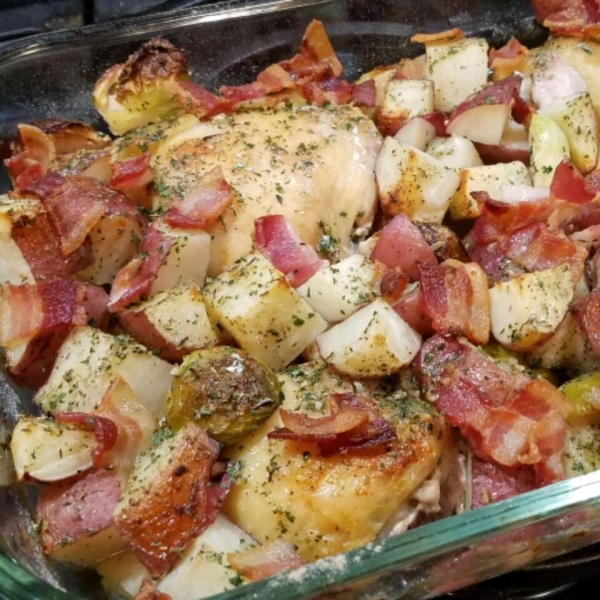 Ranch-Baked Chicken Thighs with Bacon, Brussels Sprouts, and Potatoes