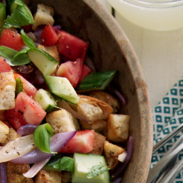 Fresh Tomato and Cucumber Salad with Buttery Garlic Croutons