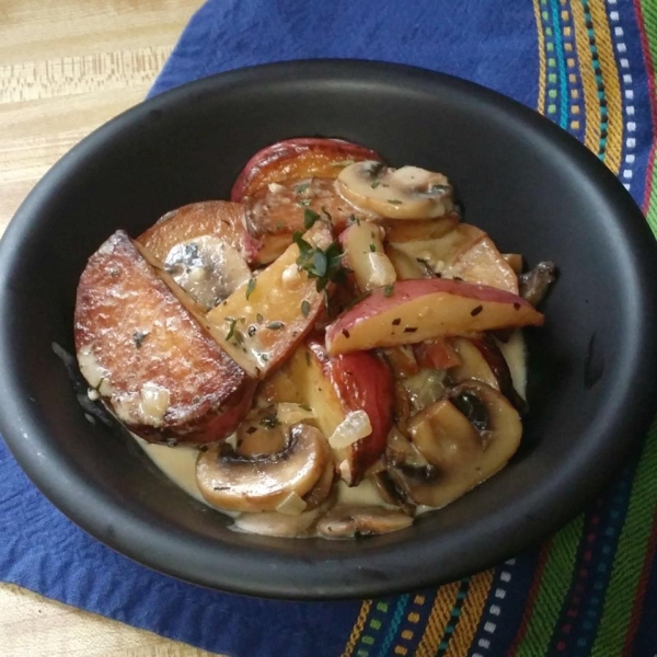 Pan Fried Fingerling Potatoes with Wild Mushroom Sauce