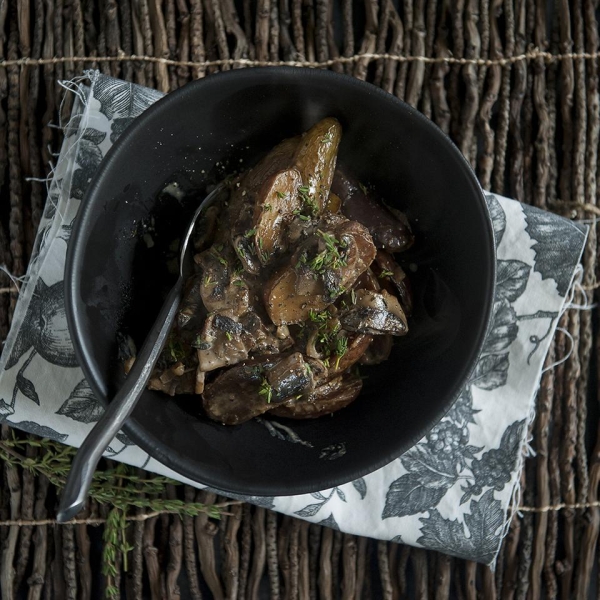Pan Fried Fingerling Potatoes with Wild Mushroom Sauce
