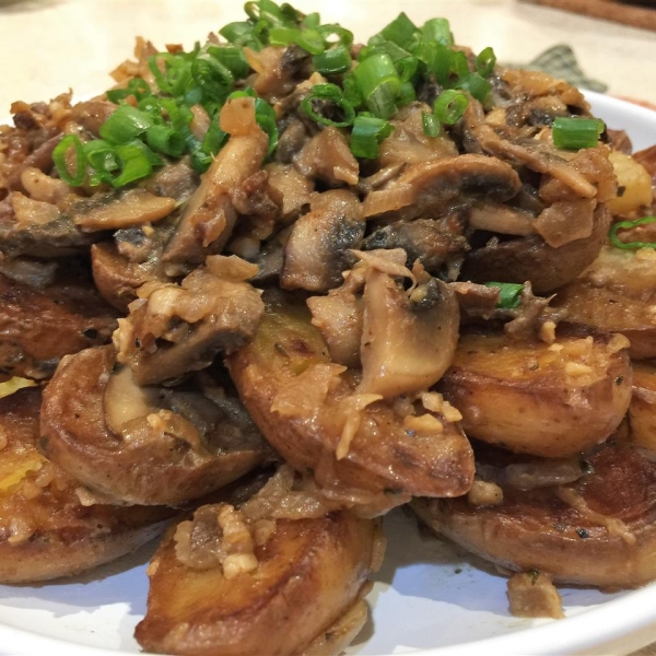 Pan Fried Fingerling Potatoes with Wild Mushroom Sauce