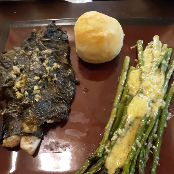 Red Snapper in Grape Leaves with Garlic and Caper butter